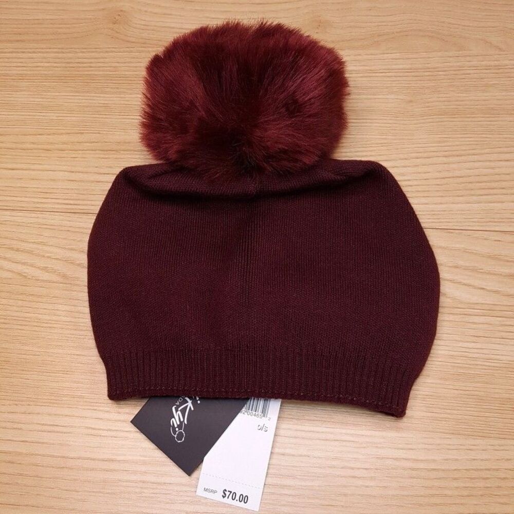 KYI KYI CANADA Womens Beanie Hat Burgundy Wool Cashmere Faux Fur Pom Pom $70